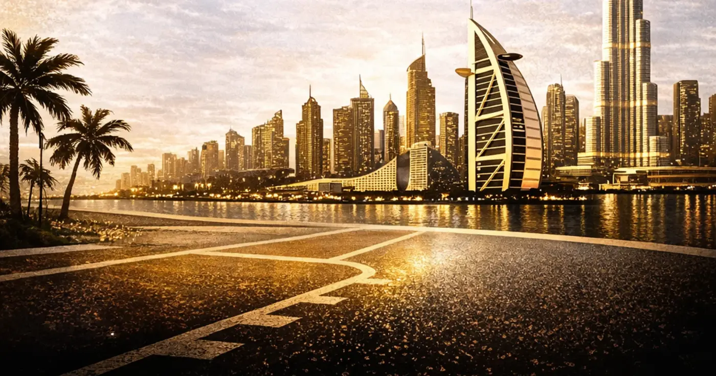 Illustrative Dubai skyline and basketball court at golden hour